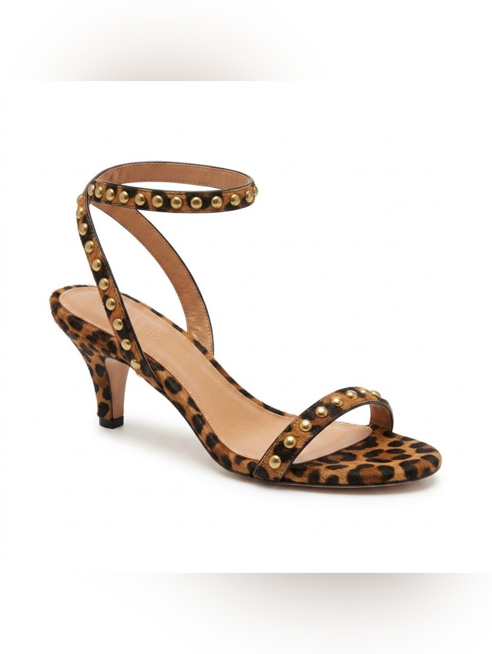 Saint Laurent SZ 8.5 Brown Calf Hair Studded 2.5" Kitten Heel Ankle Strap Sandal